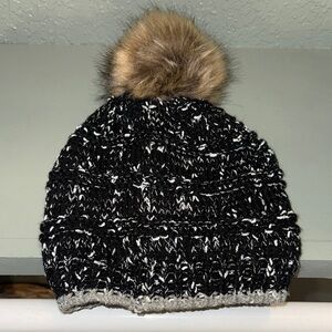 Black and Gray Knit Beanie with Faux Fur Pom